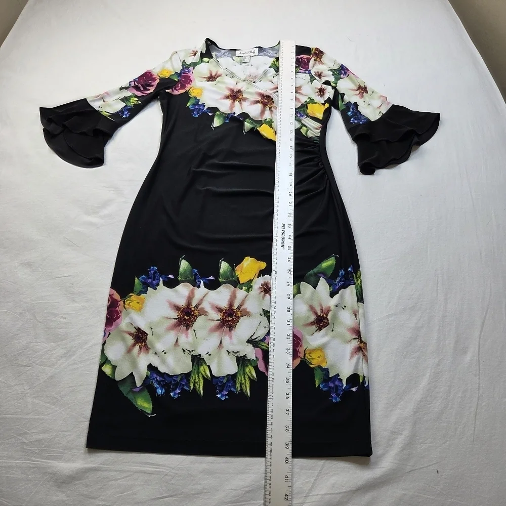 Joseph Ribkoff Floral Black Sheath Dress Women’s Size 10 Bell Sleeve V-Neck Midi